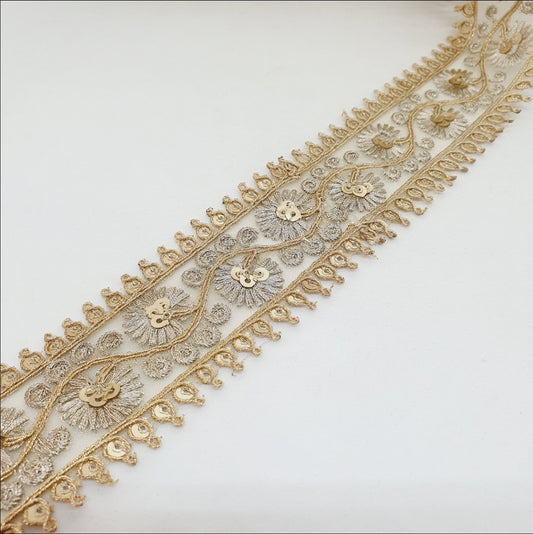 1m light gold embroidered ribbon with sequins and braid 5cm