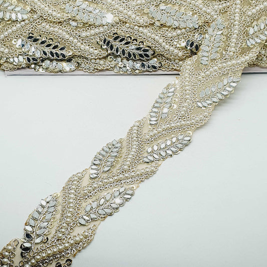 1m 5.5cm pale gold sequin, pearl & mirror Indian embellished lace ribbon