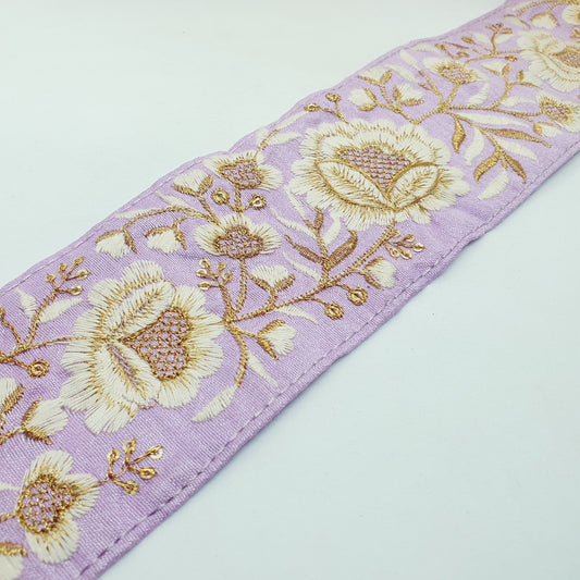 1m 7.5cm lilac cream deep gold flower indian embroidered saree border ribbon