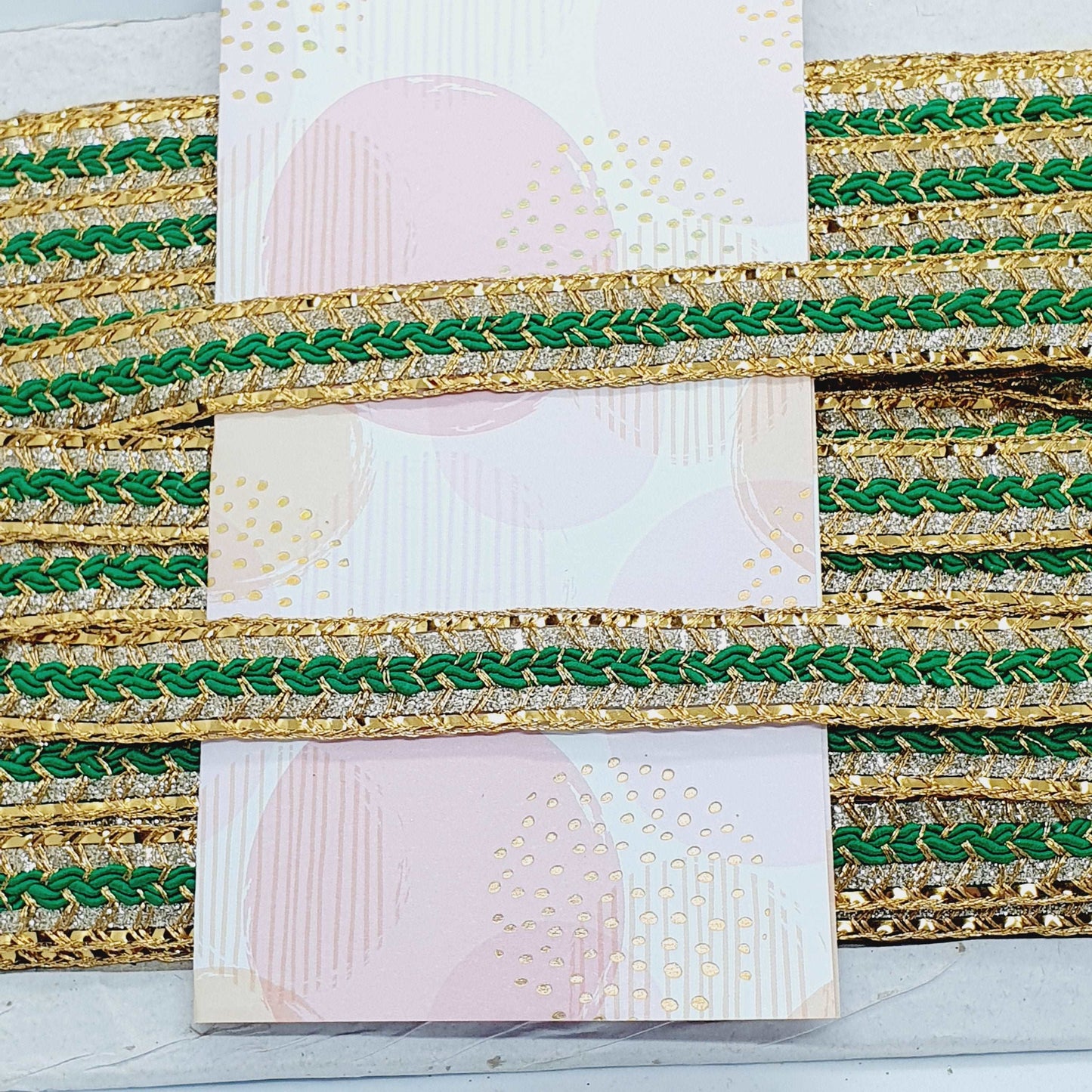 15mm metallic gold glitter & green embroidered ribbon braid trimming