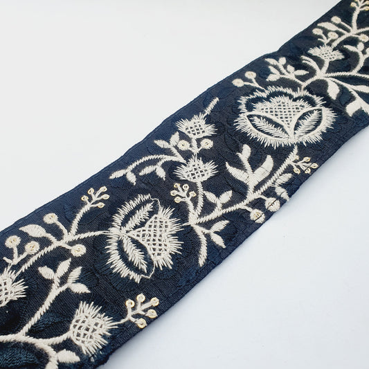 1m 7.5cm black cream flower indian embroidered saree border ribbon