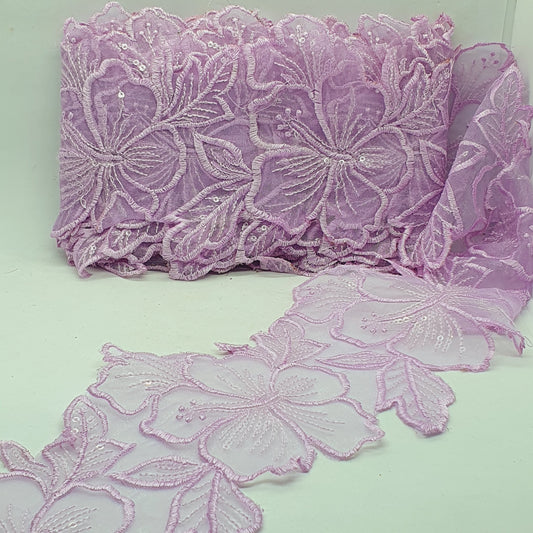 1m 14cm lilac embroidered net floral lace with transparent sequins