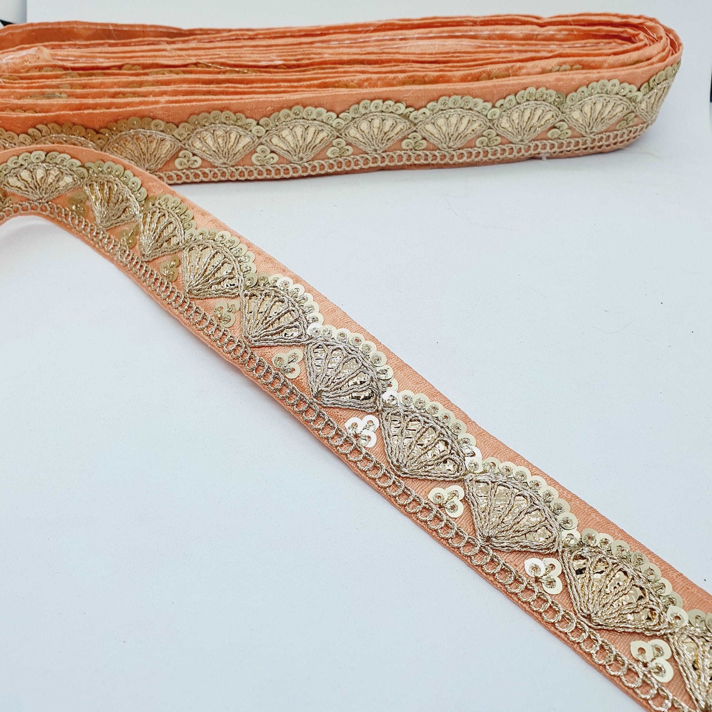 1m peach sequin embroidered taffeta Indian ribbon 30mm