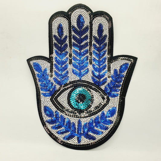 1x Turkish evil eye Hand of Fatima sequin applique HOT-FIX 22cm
