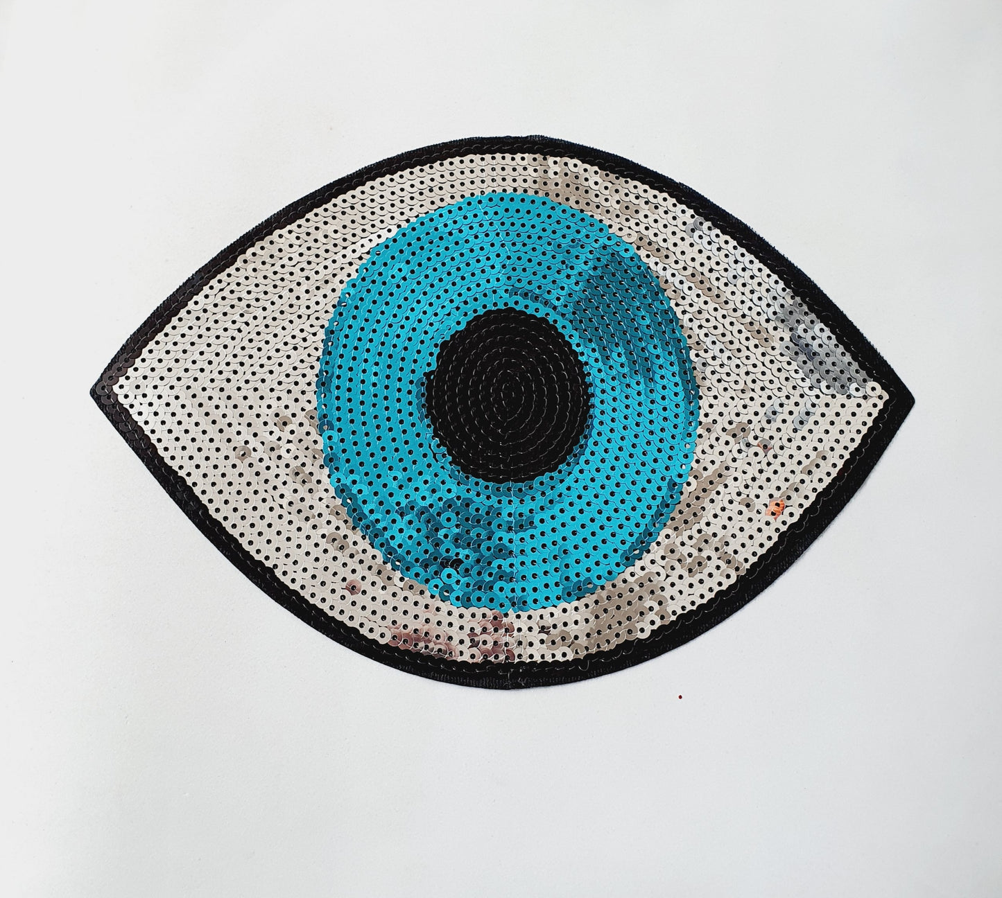 1x Turkish evil eye summer ethnic sequin applique HOT-FIX 24cm silver