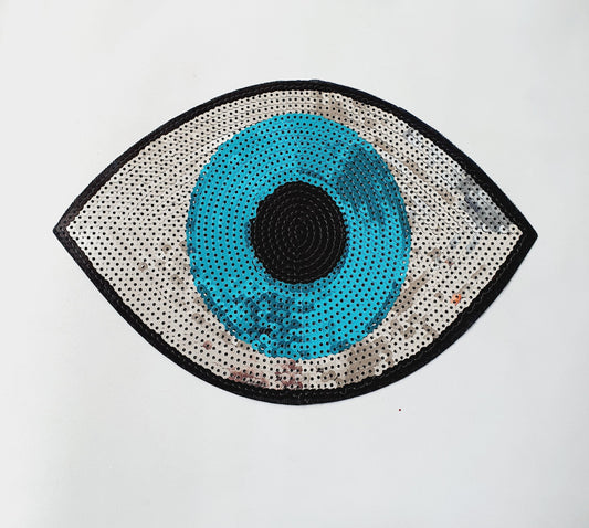 1x Turkish evil eye summer ethnic sequin applique HOT-FIX 24cm silver