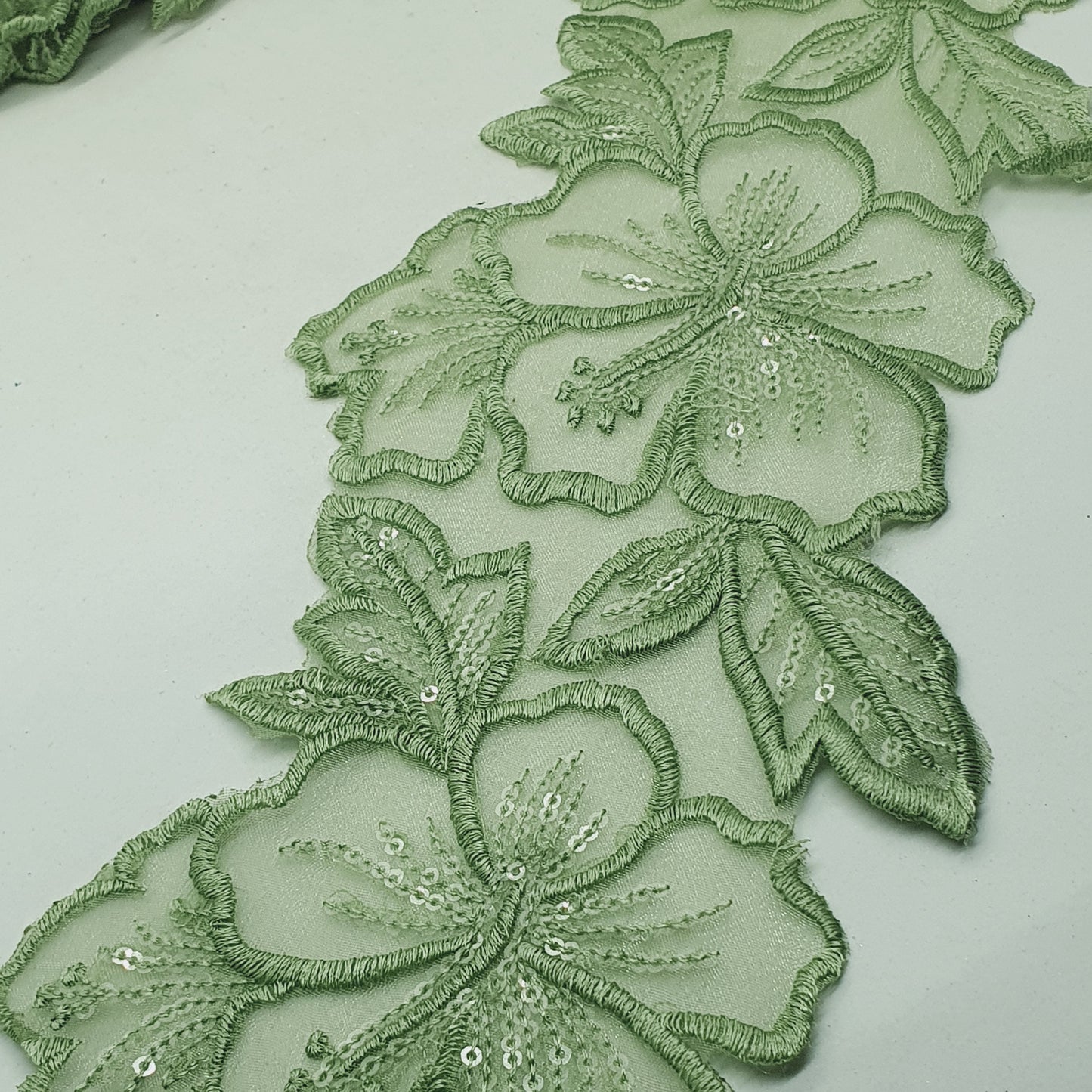 1m 14cm olive green embroidered net floral lace with transparent sequins