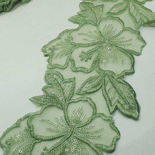 1m 14cm olive green embroidered net floral lace with transparent sequins