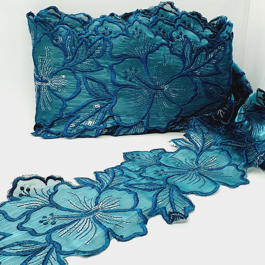 1m 14cm petrol teal embroidered net floral lace with transparent sequins