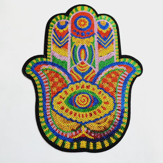 1x Turkish evil eye Hand of Fatima sequin applique HOT-FIX 25cm