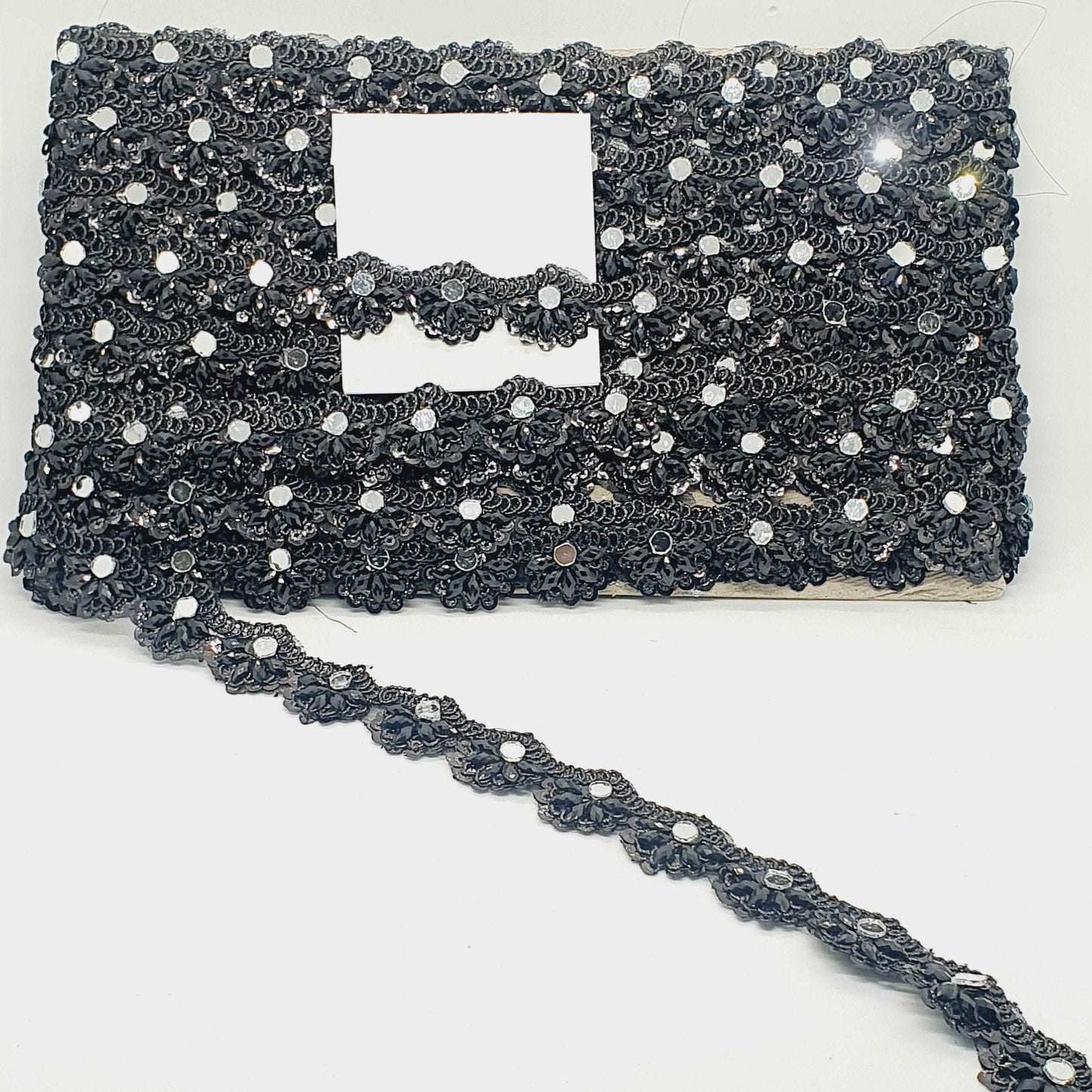 2m 2.5cm black lace applique mirror, crystal, pearl trimming