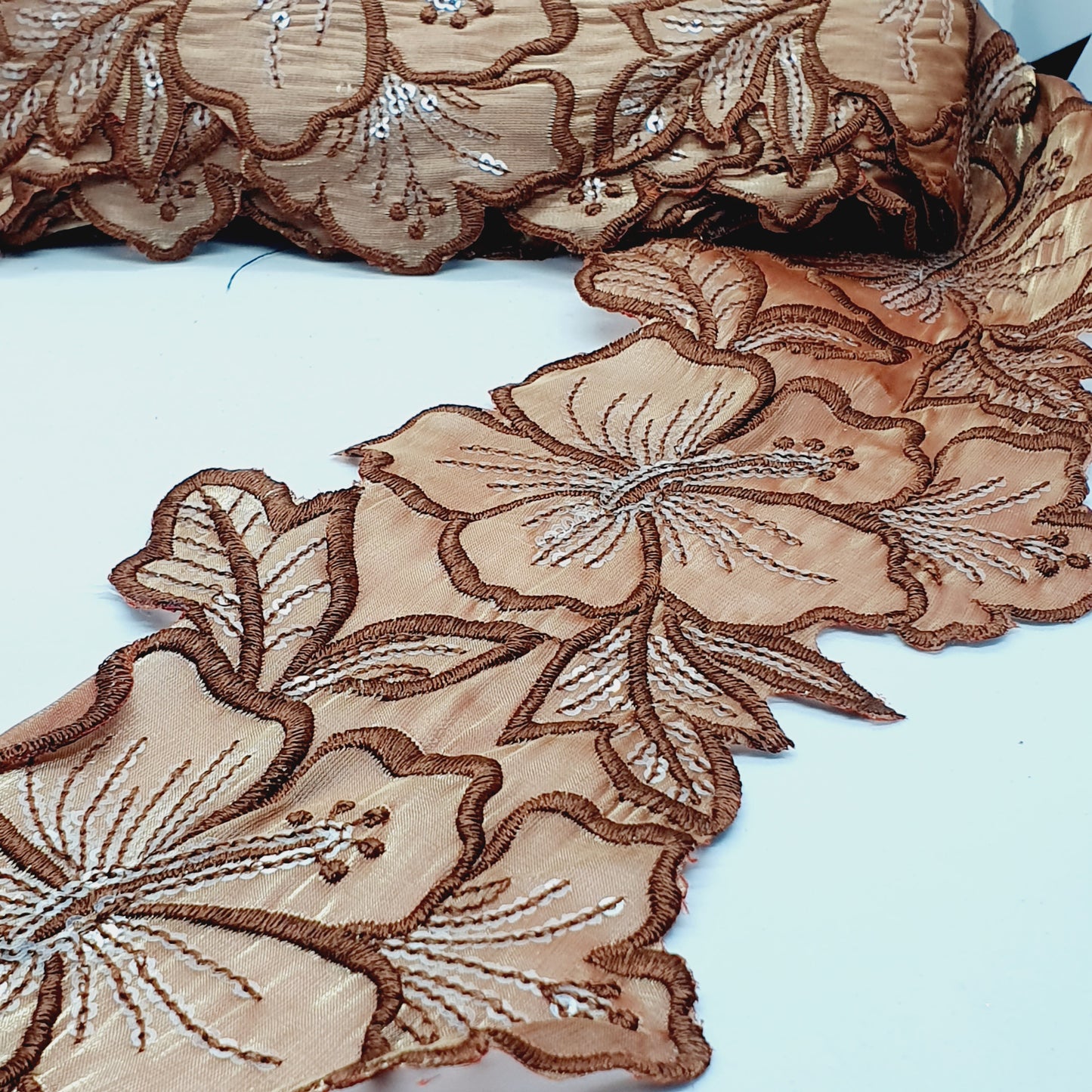 1m 14cm brown embroidered net floral lace with transparent sequins
