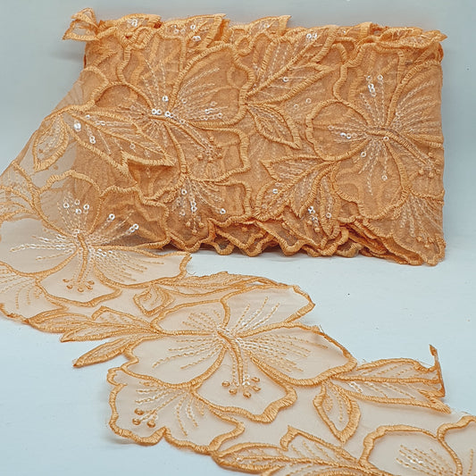 1m 14cm orange embroidered net floral lace with transparent sequins