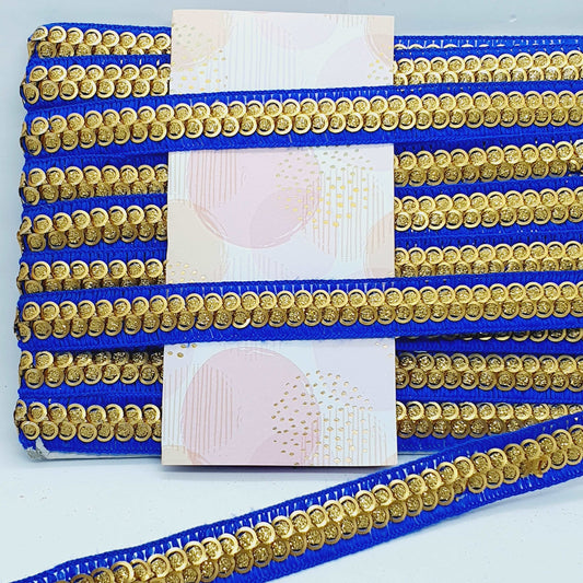 20mm metallic gold glitter sequin & royal blue embroidered ribbon braid trimming