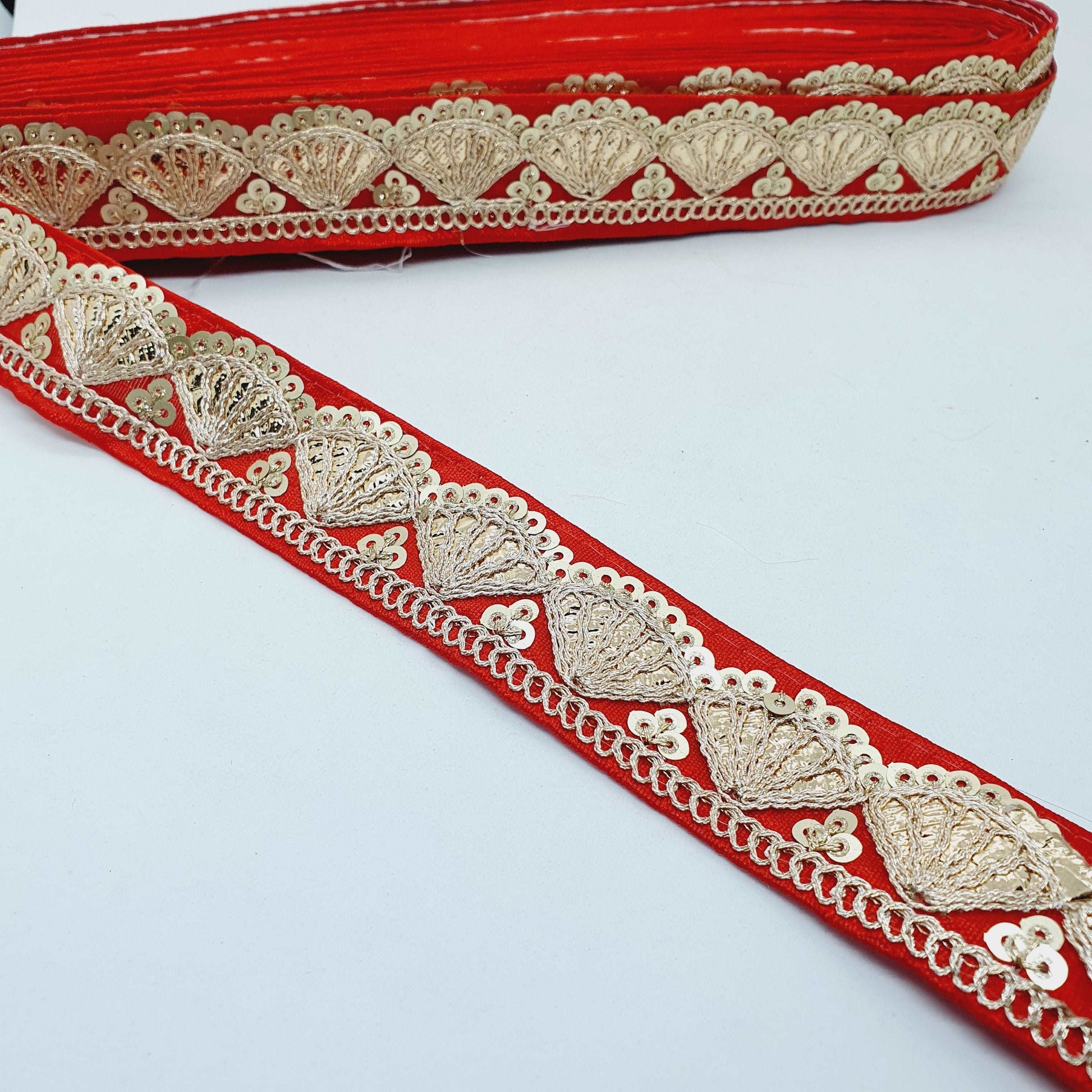 1m red sequin embroidered taffeta Indian ribbon 30mm