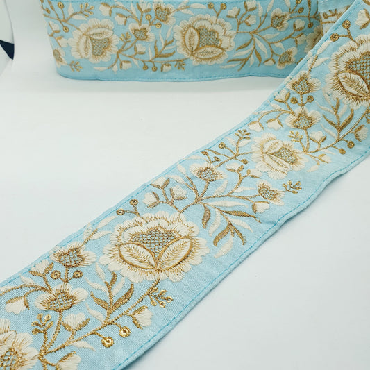 1m 7.5cm sky blue, cream, deep gold flower indian embroidered saree border ribbon