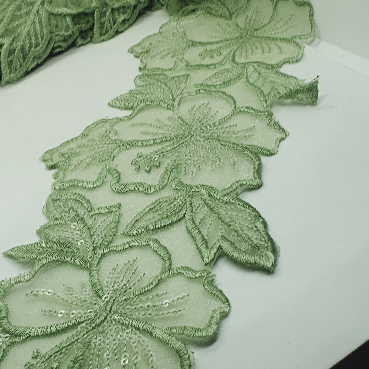 1m 14cm olive green embroidered net floral lace with transparent sequins