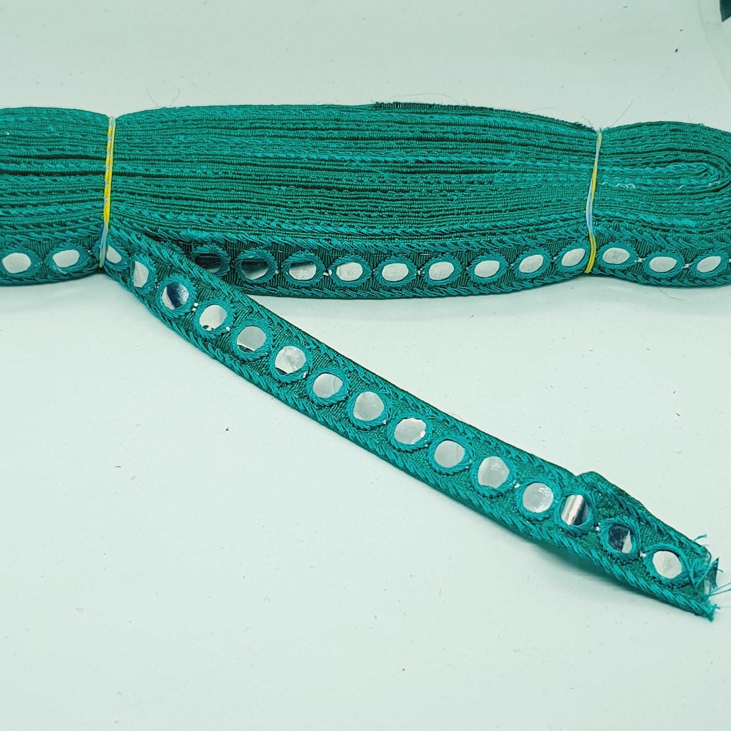 1m teal sequin shisha mirror embroidered Indian ribbon 20mm