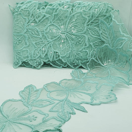 1m 14cm mint green embroidered net floral lace with transparent sequins