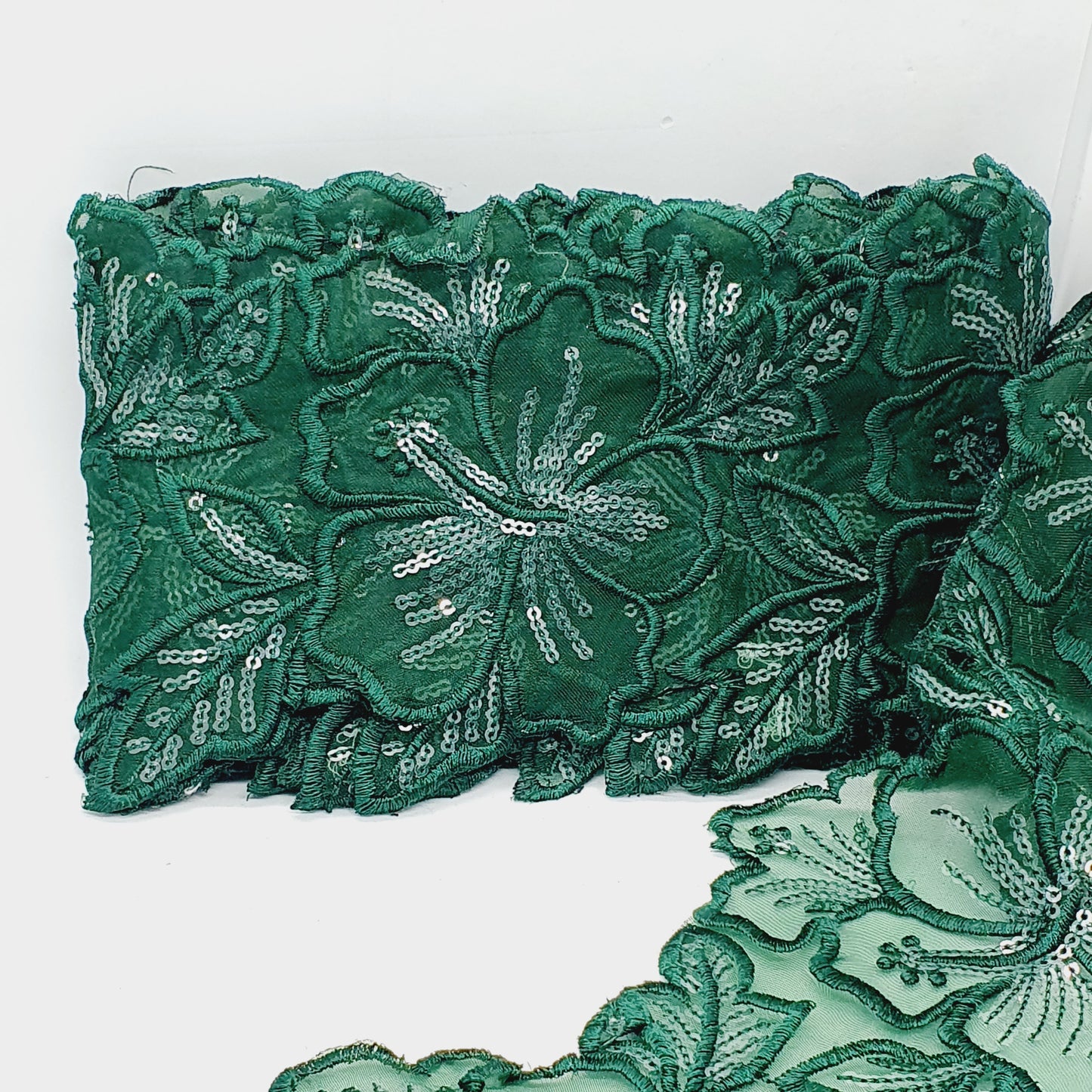 1m 14cm dark green embroidered net floral lace with transparent sequins