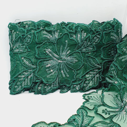 1m 14cm dark green embroidered net floral lace with transparent sequins