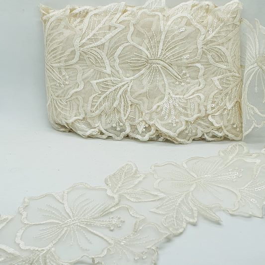 1m 14cm cream embroidered net floral lace with transparent sequins