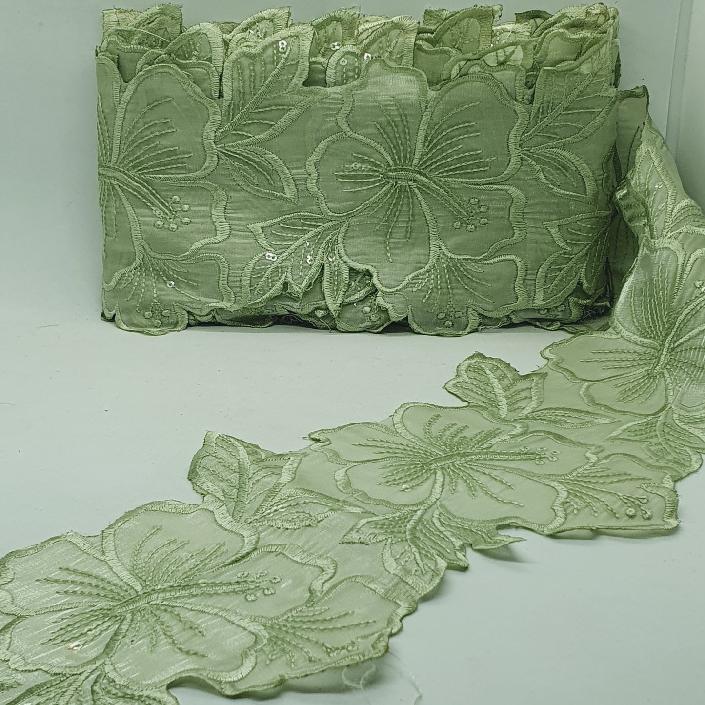 1m 14cm sage green embroidered net floral lace with transparent sequins
