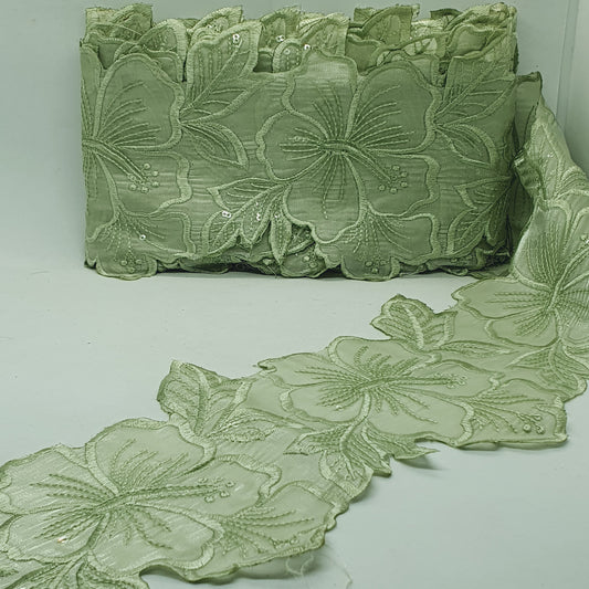 1m 14cm sage green embroidered net floral lace with transparent sequins