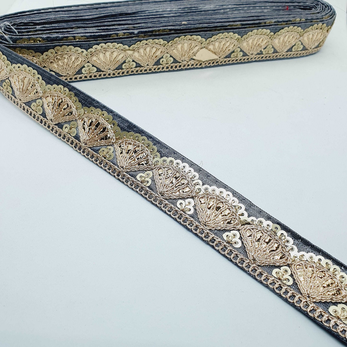 1m slate grey sequin embroidered taffeta Indian ribbon 30mm