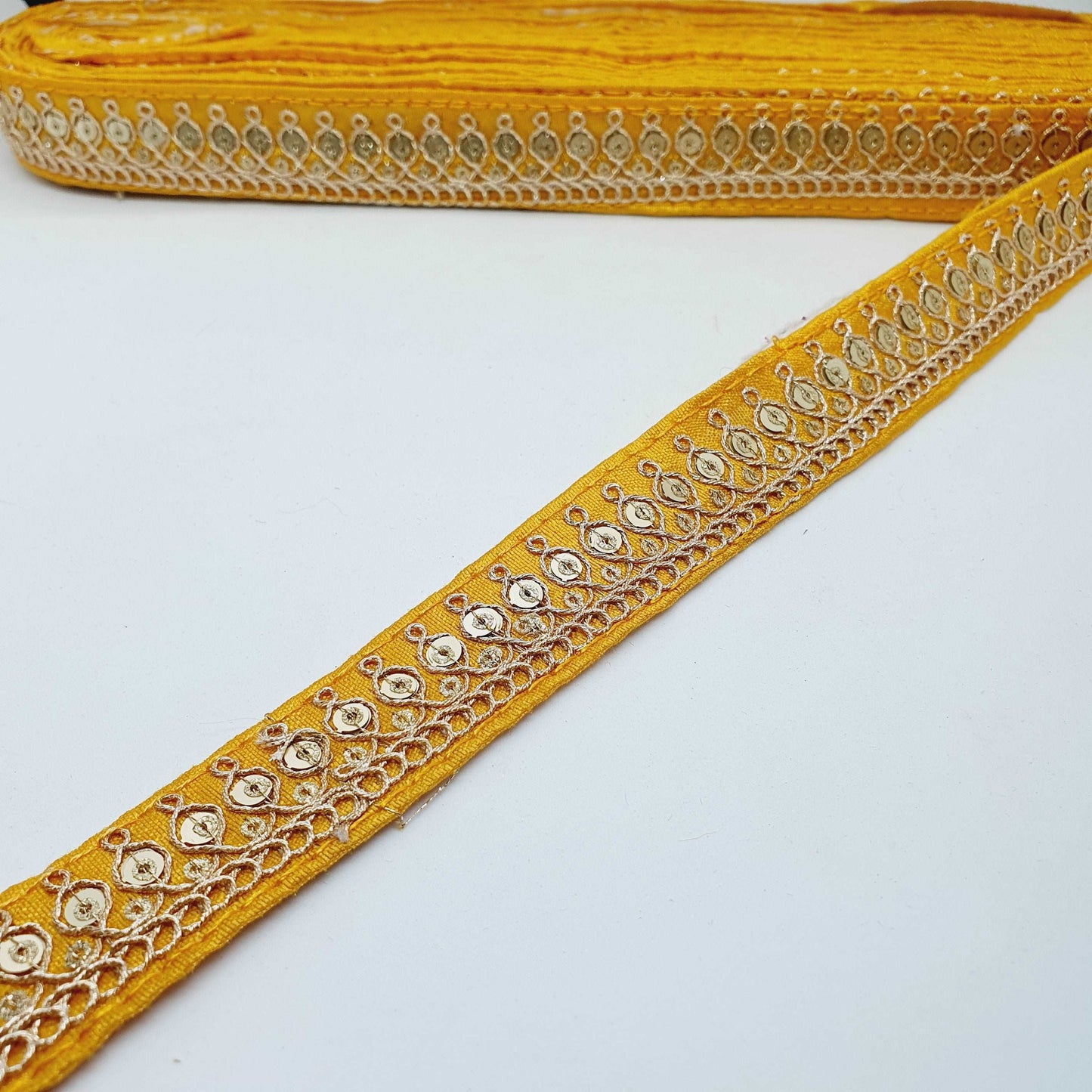 1m sunflower yellow sequin embroidered taffeta Indian ribbon 25mm