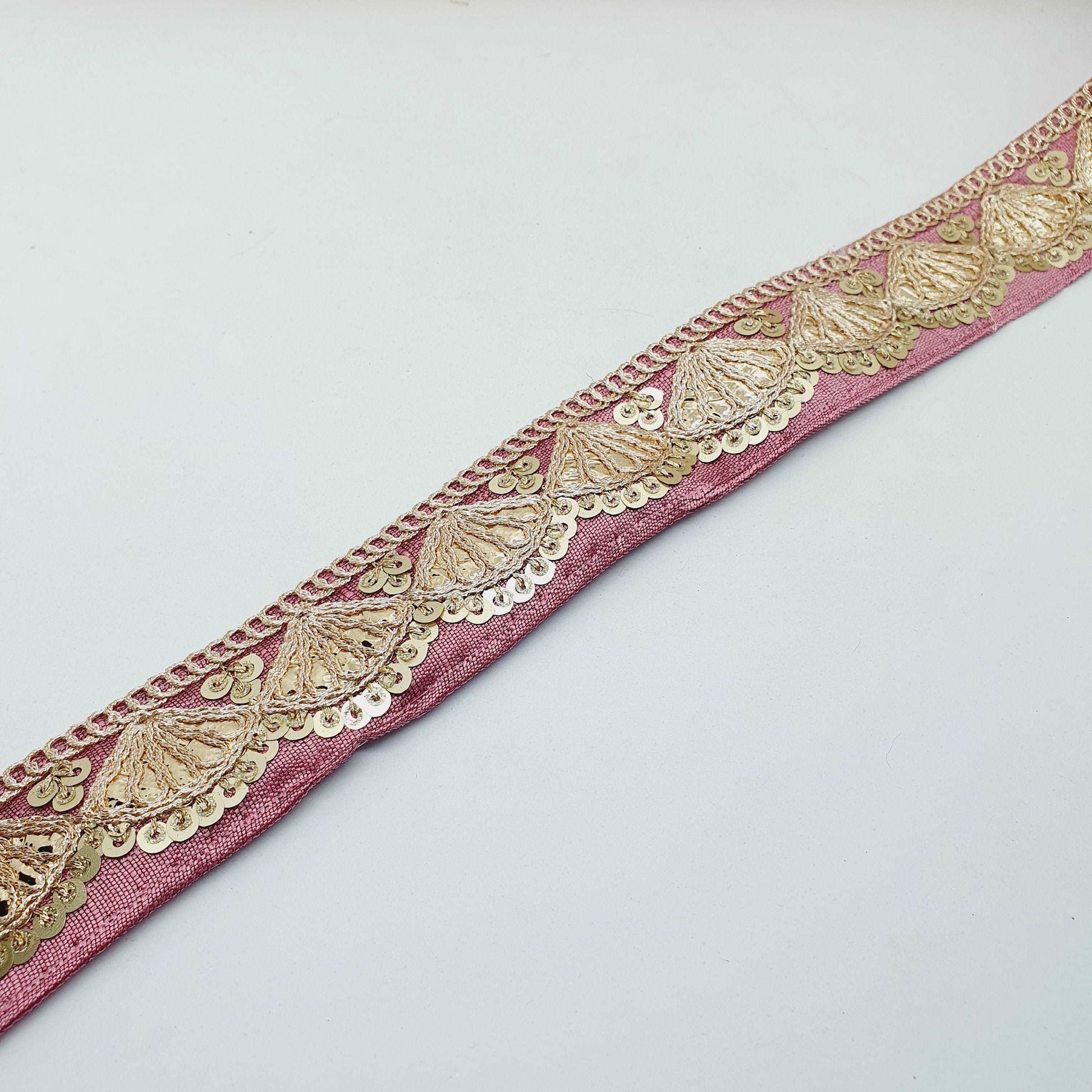 1m mauve pink sequin embroidered taffeta Indian ribbon 30mm