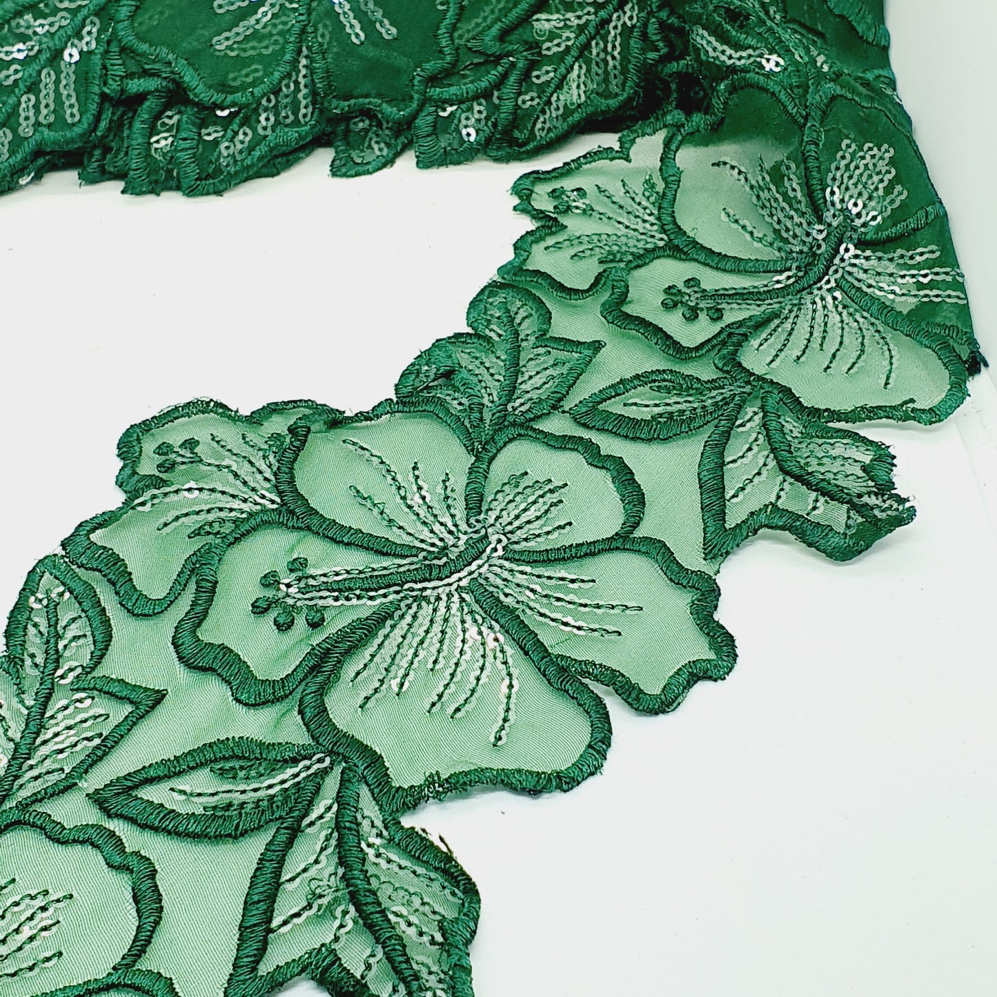 1m 14cm dark green embroidered net floral lace with transparent sequins