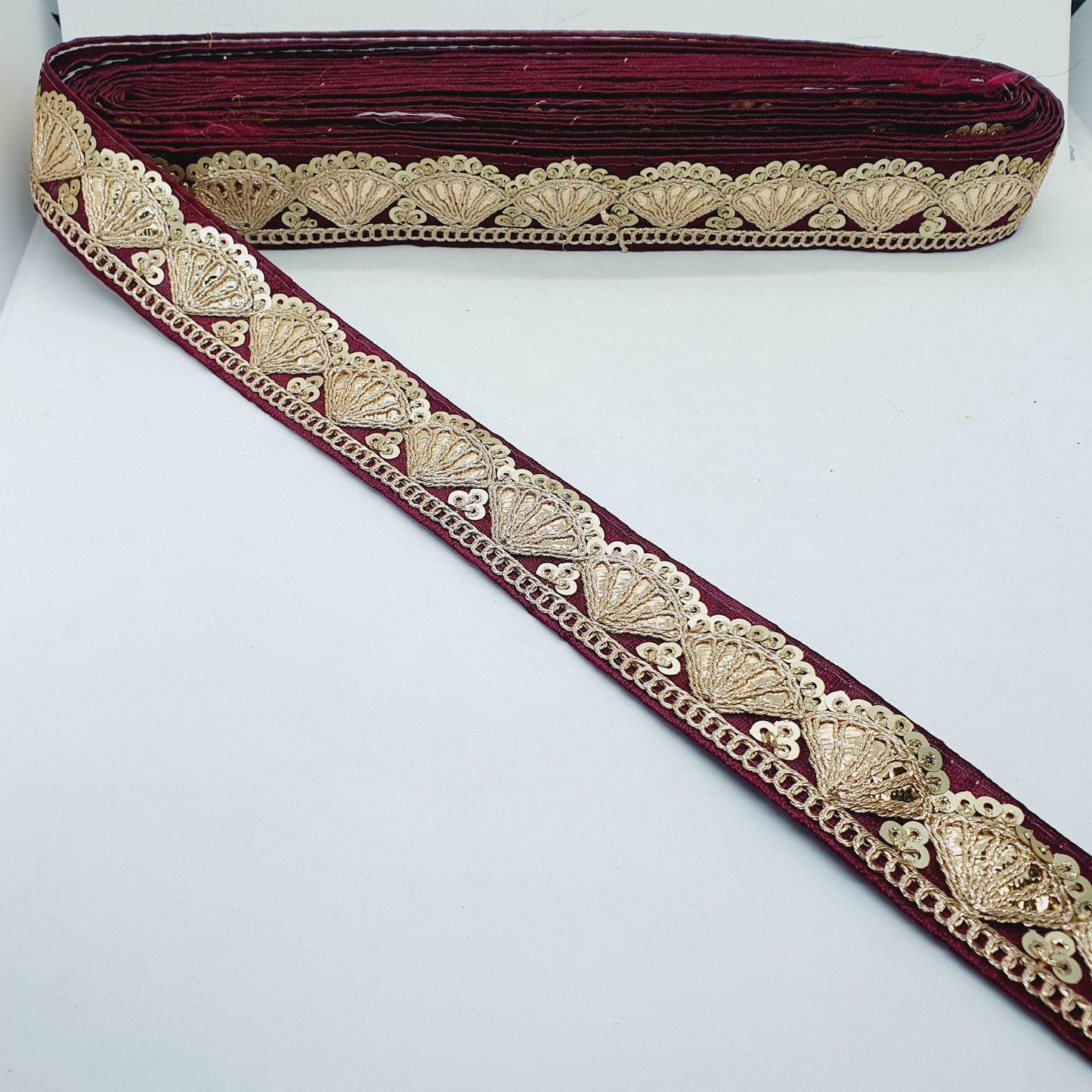 1m wine sequin embroidered taffeta Indian ribbon 30mm