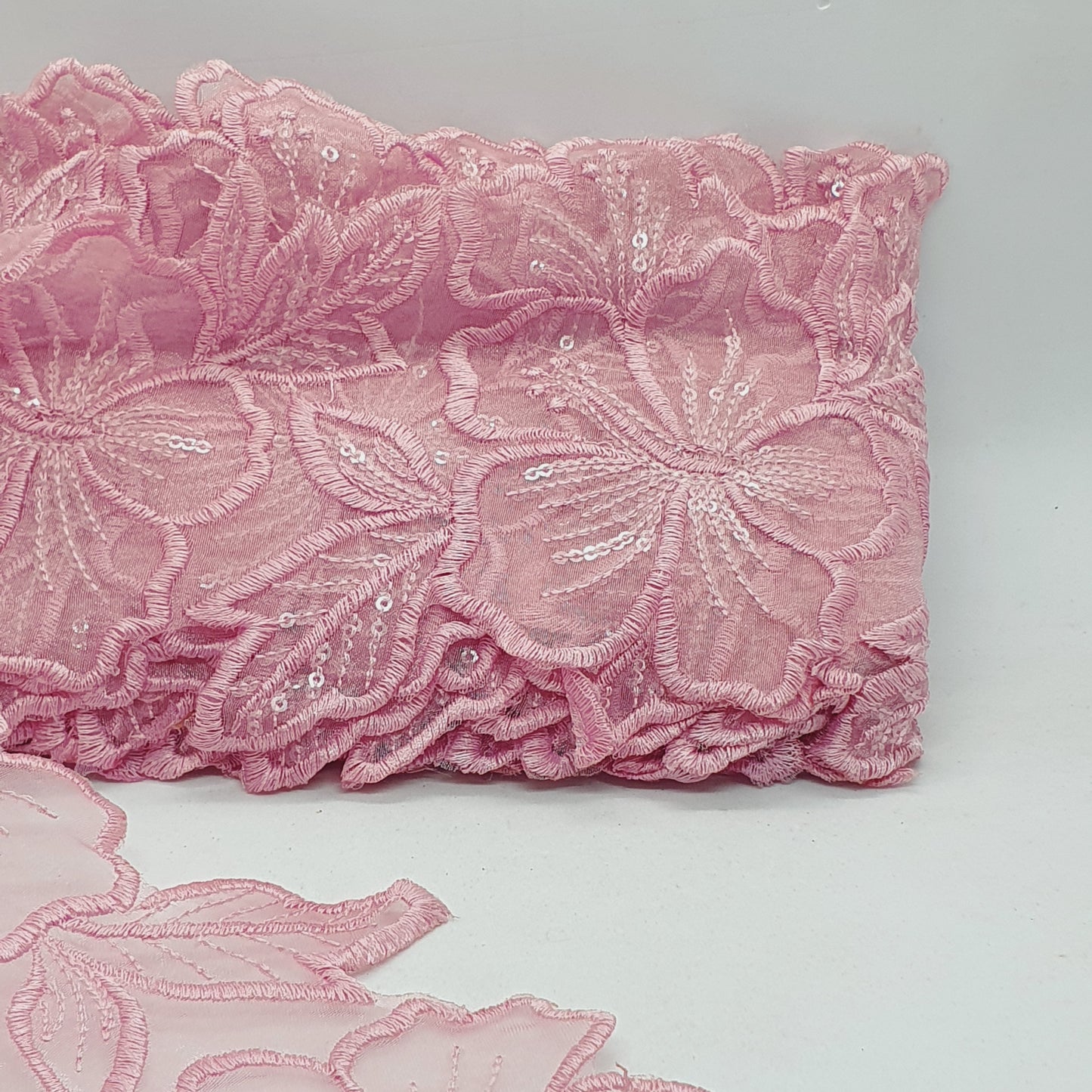 1m 14cm dusty pink embroidered net floral lace with transparent sequins