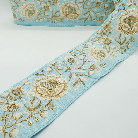 1m 7.5cm sky blue, cream, deep gold flower indian embroidered saree border ribbon