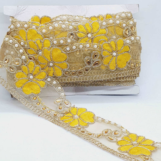 1m 6cm Metallic gold lace yellow flower applique ribbon with crystal and pearl