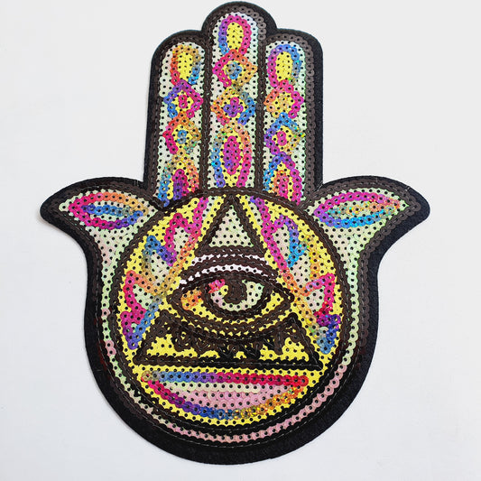 1x Turkish evil eye Hand of Fatima sequin applique HOT-FIX 24cm multi