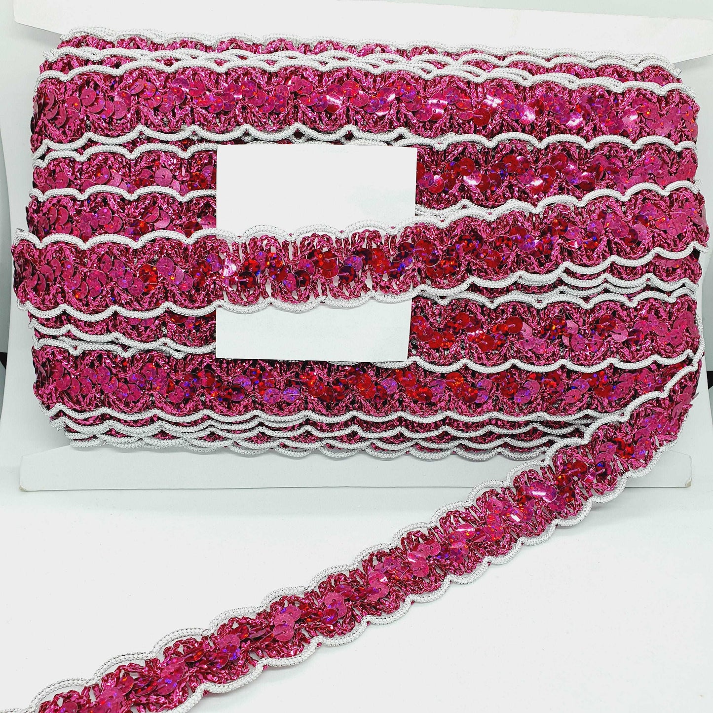 1m pink & silver glitter sequin wavy edge braid trimming ribbon 30mm