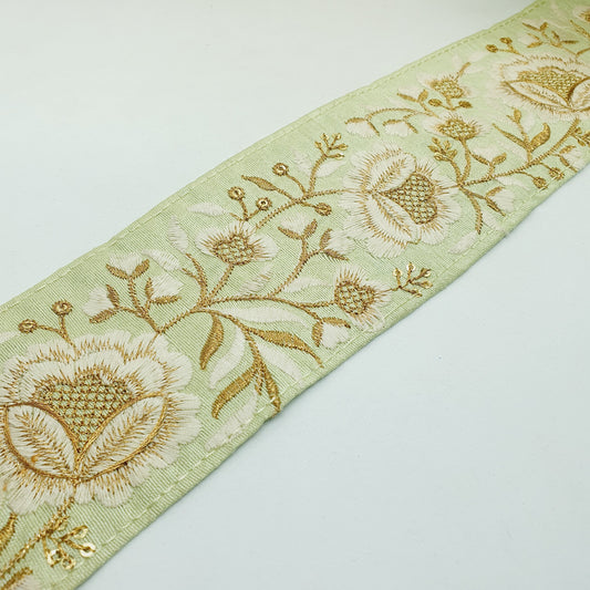 1m 7.5cm pistachio green, cream, deep gold flower indian embroidered saree border ribbon