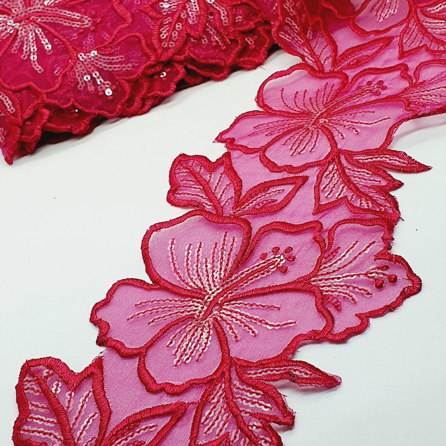 1m 14cm claret wine embroidered net floral lace with transparent sequins