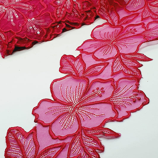 1m 14cm claret wine embroidered net floral lace with transparent sequins