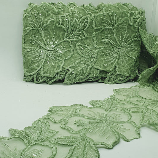 1m 14cm olive green embroidered net floral lace with transparent sequins