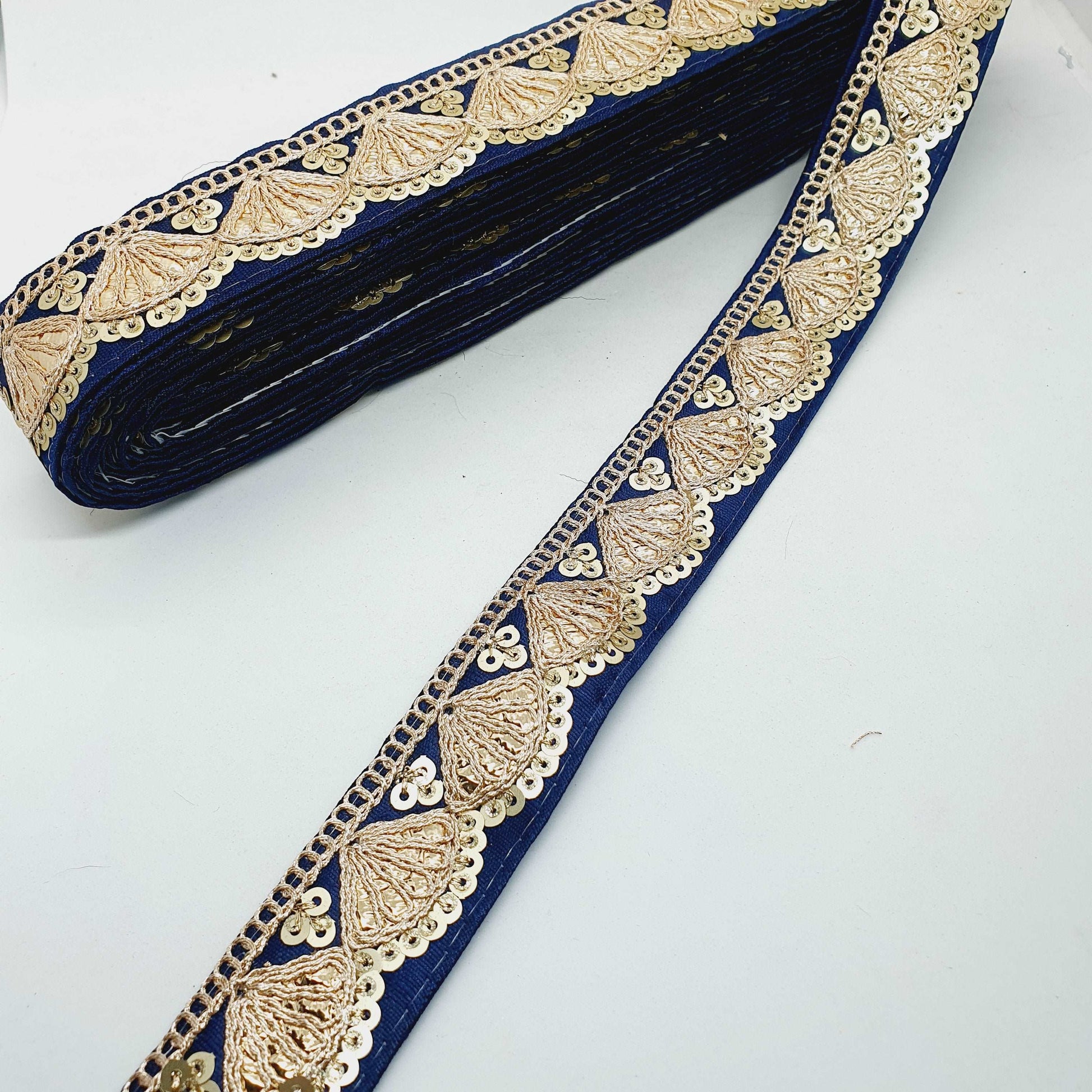 1m navy sequin embroidered taffeta Indian ribbon 30mm