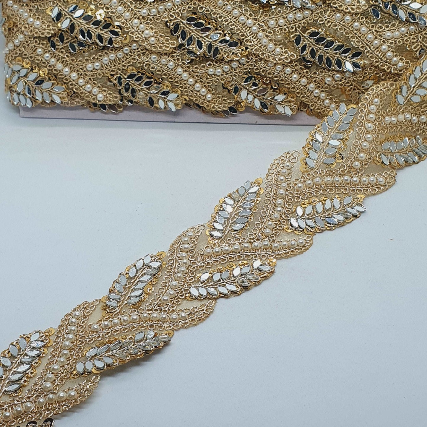 1m 5.5cm gold sequin, pearl & mirror Indian embellished lace ribbon