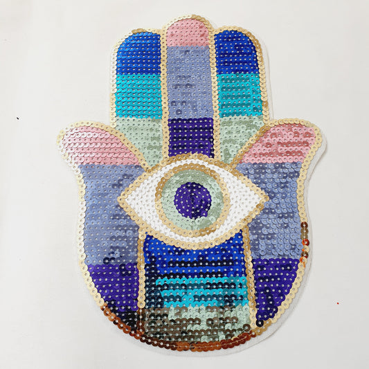 1x Turkish evil eye Hand of Fatima sequin applique HOT-FIX 25cm pastel multi