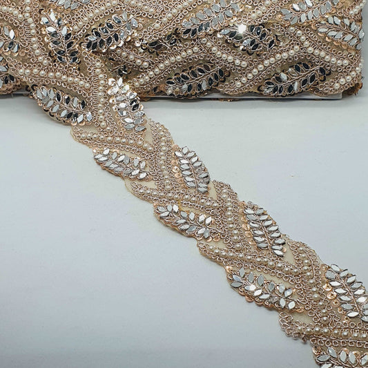 1m 5.5cm rose gold sequin, pearl & mirror Indian embellished lace ribbon