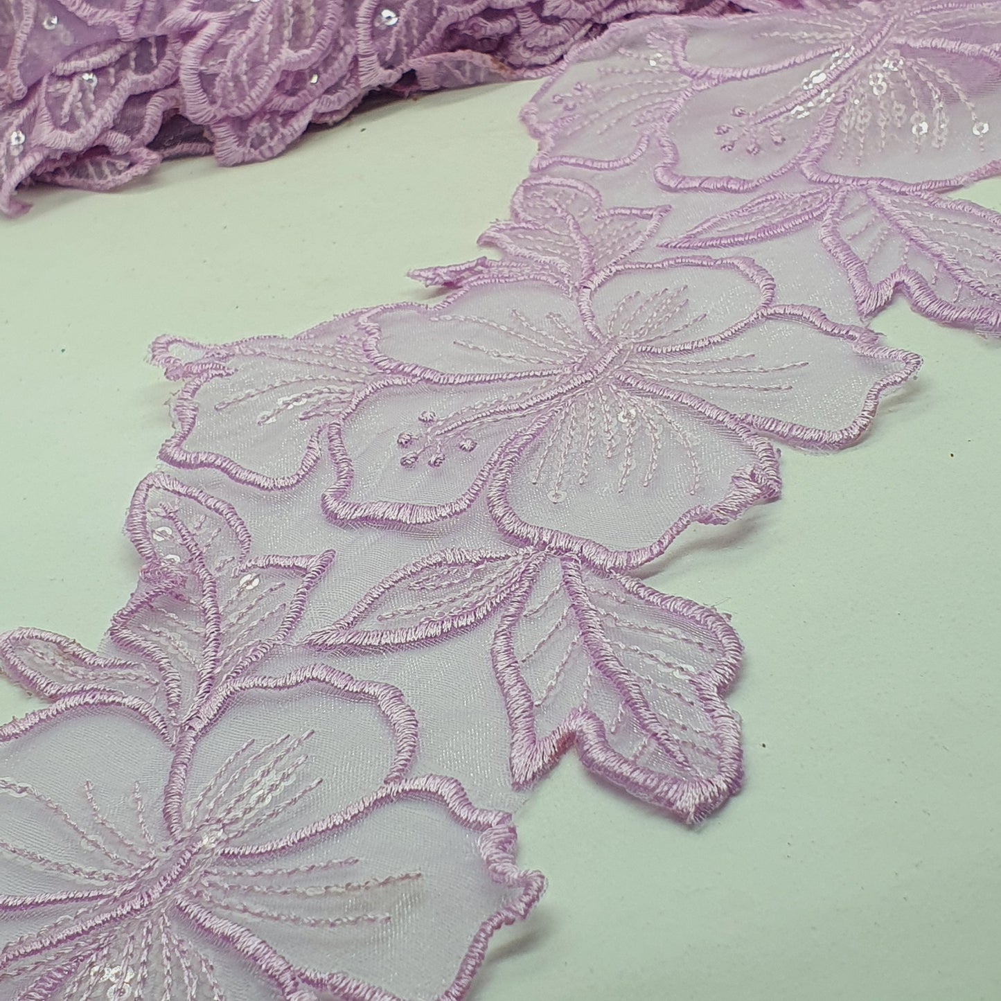1m 14cm lilac embroidered net floral lace with transparent sequins