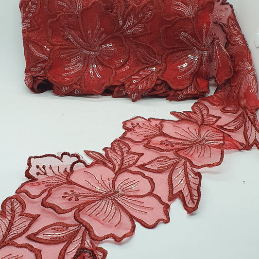 1m 14cm burgundy maroon embroidered net floral lace with transparent sequins