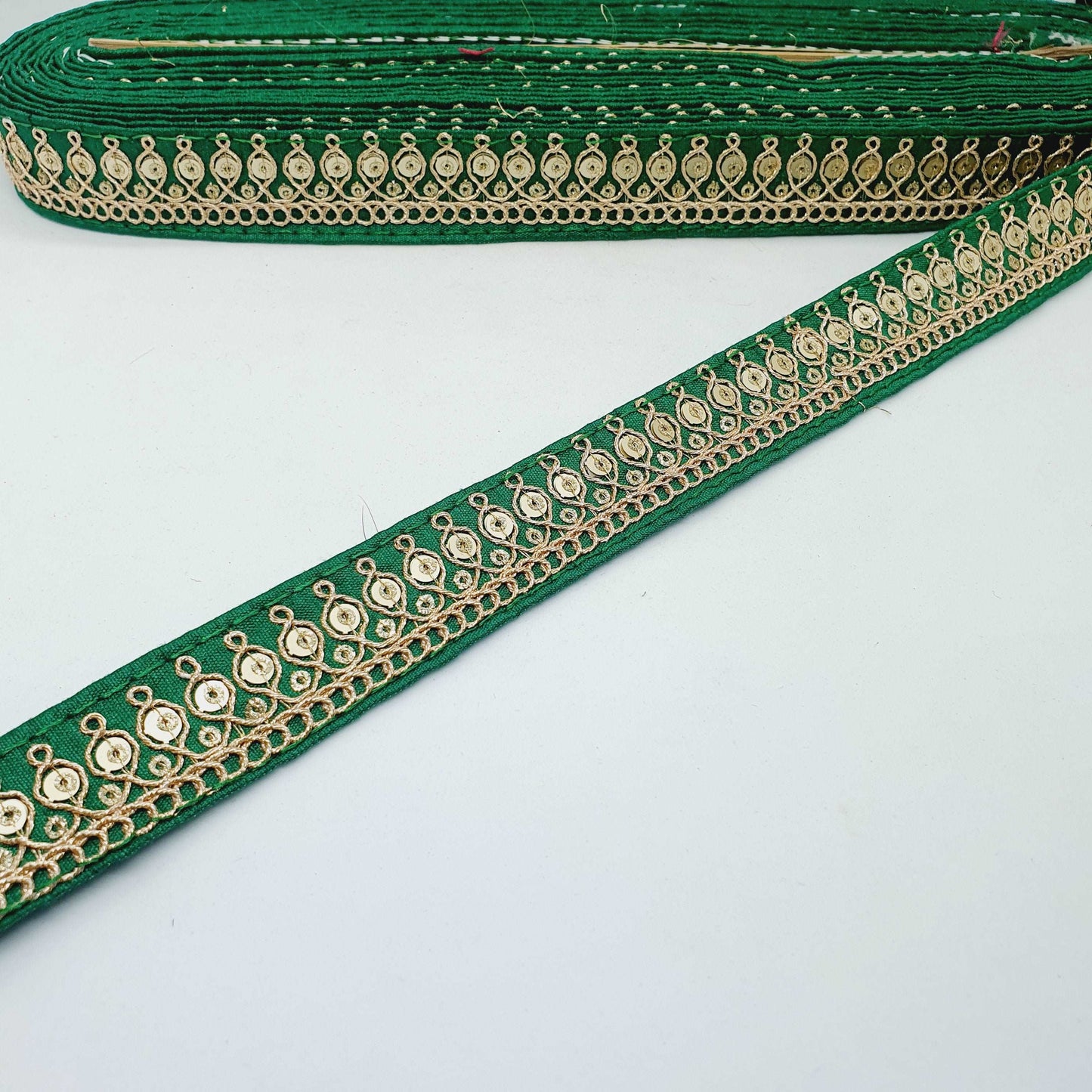 1m emerald green sequin embroidered taffeta Indian ribbon 25mm