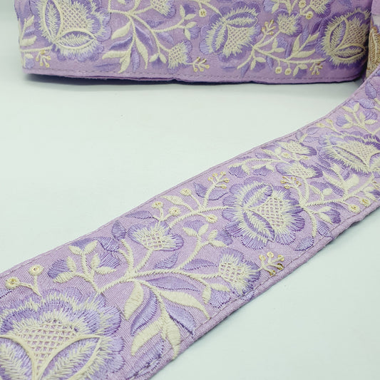 1m 7.5cm lilac cream flower indian embroidered saree border ribbon